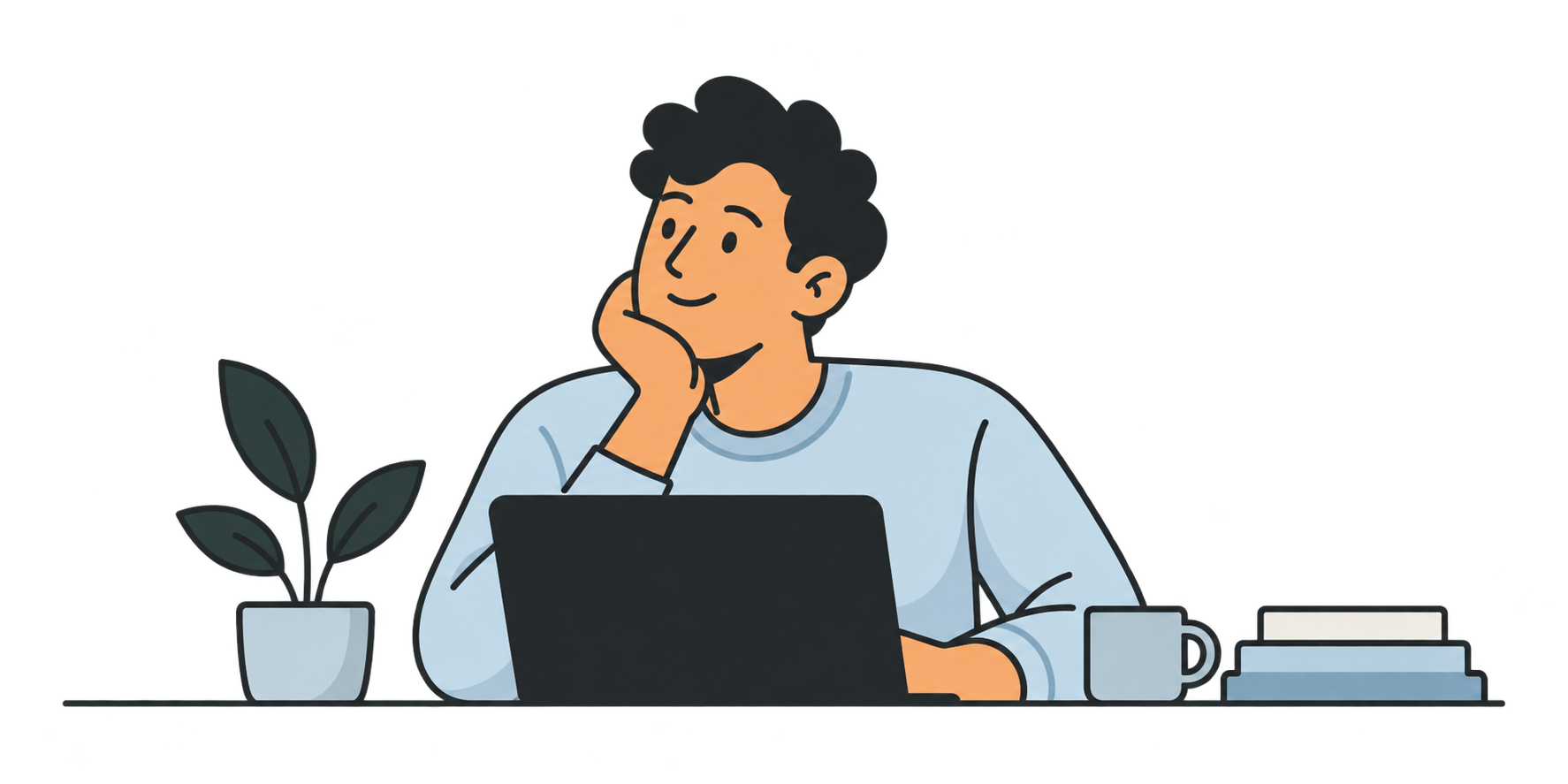 A thoughtful person in a blue sweater, working at a laptop beside a plant and a cup of coffee.